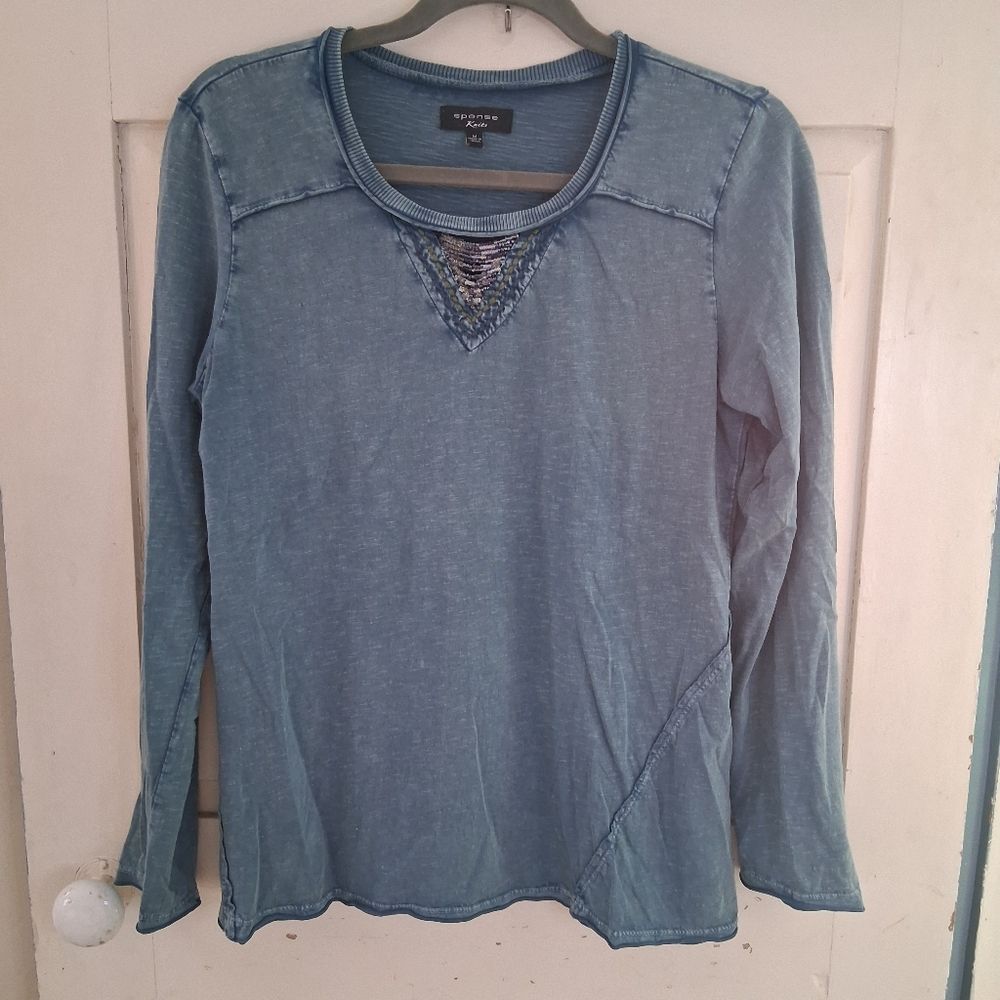 Spense Knits Women's Indigo Blue Long Sleeve Flowy Top With Bead Detail Size M